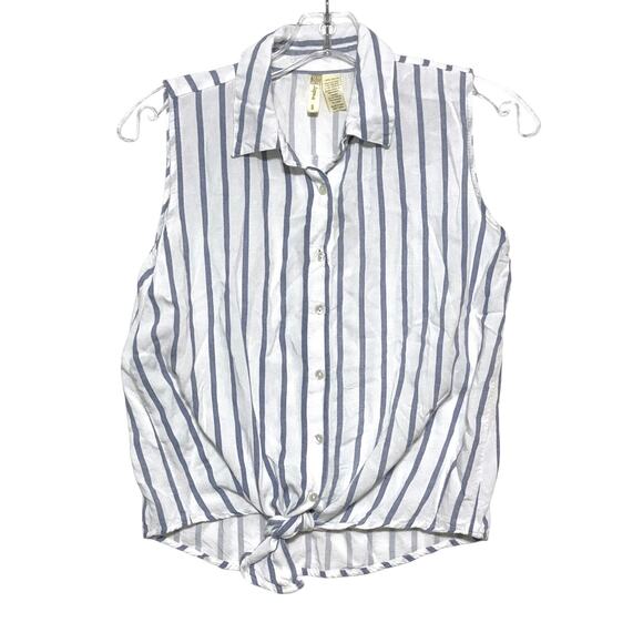 Japna Tops - Japna Button Sleeveless Tie Front Top S Blue White Striped Viscose Coastal Boho